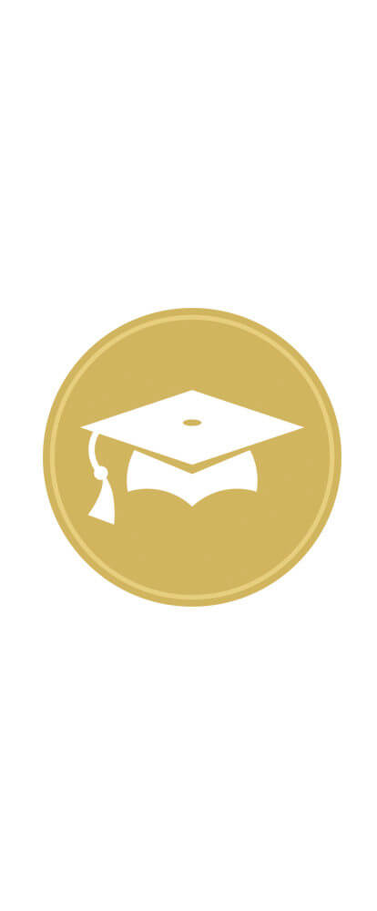 Masters ART badge. Gold circle with white graduation hat icon.