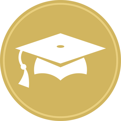 Masters ART badge. Gold circle with white graduation hat icon.
