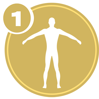 Gold circle with white full body icon and number 1 representing Full Body Level 1 certification.