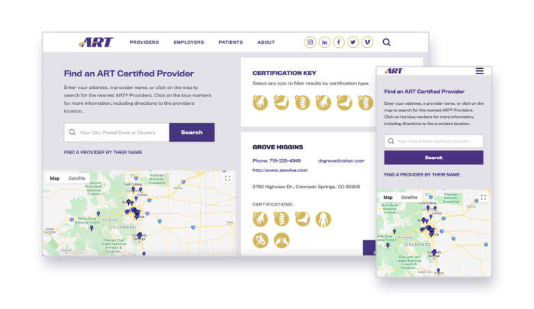 Desktop and mobile view of the provider locater. Gray background with a map and list of providers.